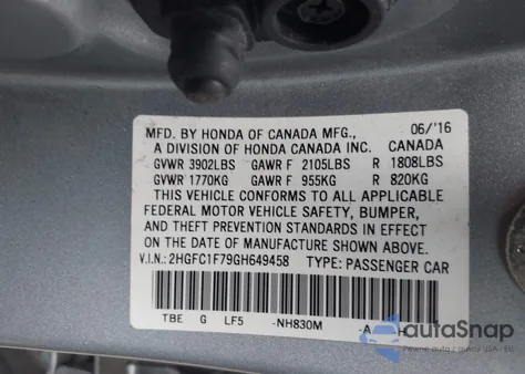 2016 Honda Civic Ex-L z USA, uszkodzony, nr VIN 2HGFC1F79GH649458